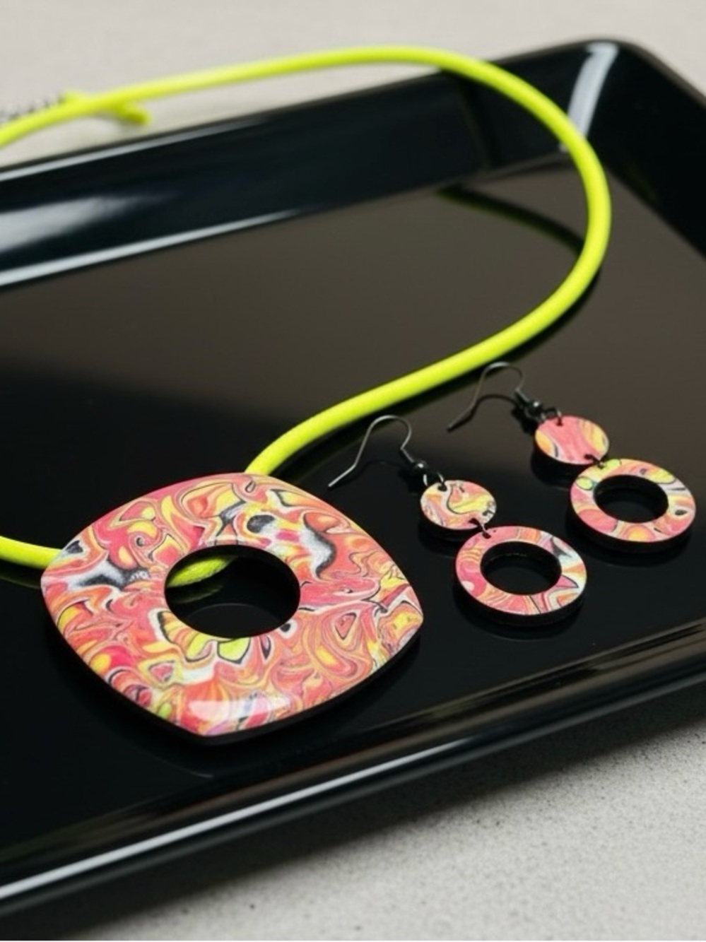 Handmade Marbled Red Polymer Clay Large Pendant Necklace on Cord & Earring Set